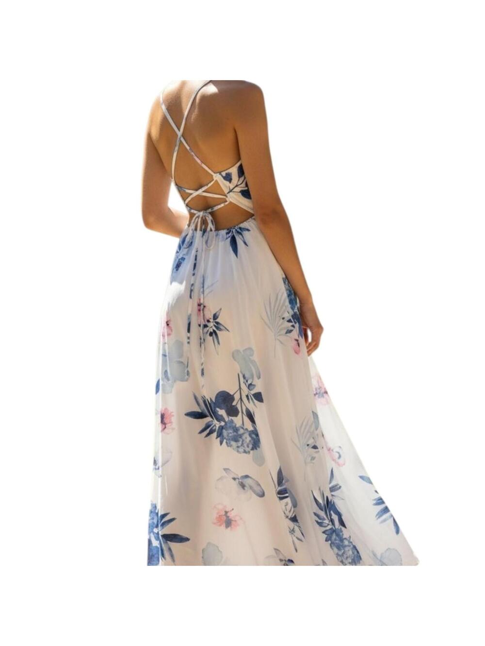 White Floral Maxi Dress Spaghetti Strap Halter Neck Criss Cross Back Slit - Picture 8 of 8